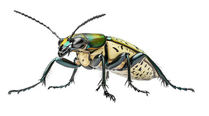 Naklejka premium Macro isolated image of a green beetle bug on a white background