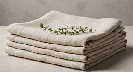 Stack of Reusable Linen Napkins with Thyme Sprig