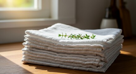 Stack of Reusable Linen Napkins with Thyme Sprig