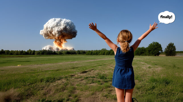 Small girl is welcoming nuclear explosion, meme style
