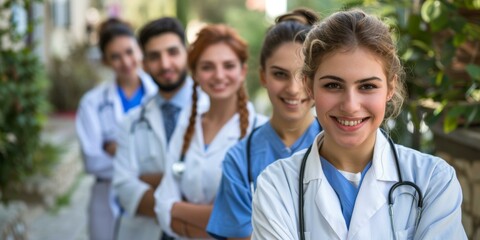 Happy multiethnic group of healthcare workers smiling, diverse team of doctors and nurses standing, wearing medical scrubs and lab coats with stethoscopes, health professionals concept.
