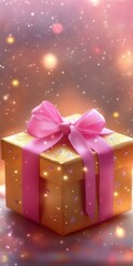Beautiful festive gold gift with pink ribbon and bow, abstract background of light spots and bokeh, surprise present box for holiday celebration, Copy space
