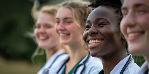 Diverse team doctors, nurses, or healthcare workers smiling, happy. Young medical student or physician group posing together, expressing optimism, confident. Doctors wearing scrubs, stethoscope.