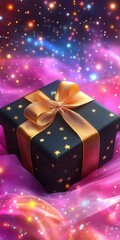 Festive black gift box with golden bow and star pattern, on luminous pink surface with bokeh effects, celebration and gifting