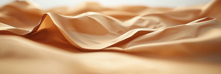 Flowing beige fabric waves background, soft elegant textile texture, silky drape material abstract surface pattern, backdrop of gentle curves, folds, and copy space.