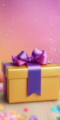 Pretty golden gift box with purple ribbon and bow on wooden surface before pink pastel bokeh background, copy space.