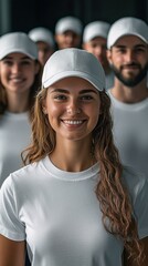 Smiling woman, diverse work team wearing hats and white shirts. Group unity, worker demographic, and teamwork concept. Copy space.