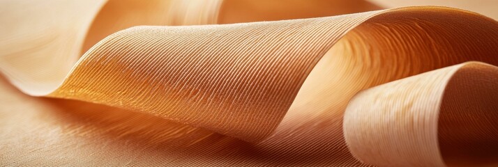 Close up view golden peach silk fabric with diagonal striped lines and soft flowing folds, elegant textile material, soft tones, copy space