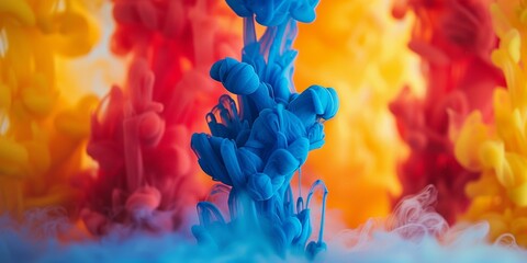 Vivid abstract liquid ink art, bright colorful smoke billows, blue, red, yellow paint pigment explosion, artistic multicoloured splash backdrop, chemical dye reactions, copy space