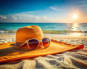 Straw Sun Hat with Orange Sunglasses Resting on a Surface – Summer Travel Concept

