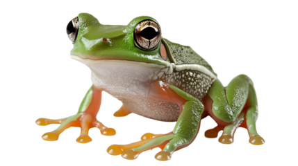 A captivating green tree frog stands out against a white background, showcasing its vibrant nature and intricate eye in this isolated macro shot