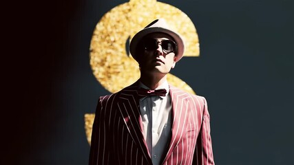 Stylish performer captivates audience with elegance and flair in a bold urban setting during a vibrant evening showcase