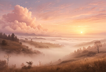 Fototapeta premium Misty Landscape at Sunrise
