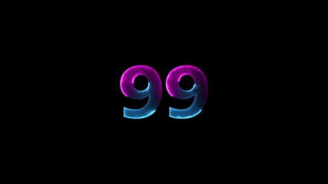 Abstract glowing neon number "99'' animation. Blue and purple neon futuristic effect.99 number countdown icon