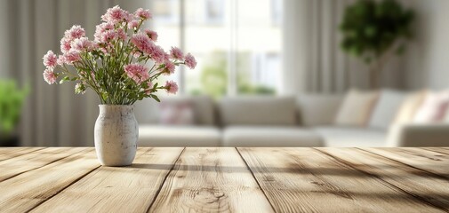 Empty Wooden Table with Vase and Blurred Cozy Living Room Background