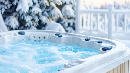 Winter Escape: A steamy, inviting hot tub bubbles with warmth amidst a serene winter landscape, offering a luxurious escape surrounded by snow-laden trees.