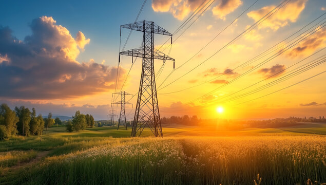 Scenic sunrise over field with power lines and transmission towers
