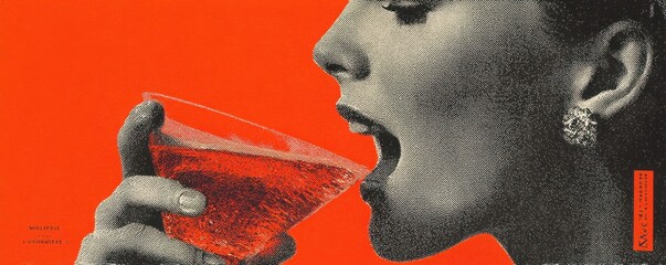 Close-up of a woman's face sipping a red-colored martini glass