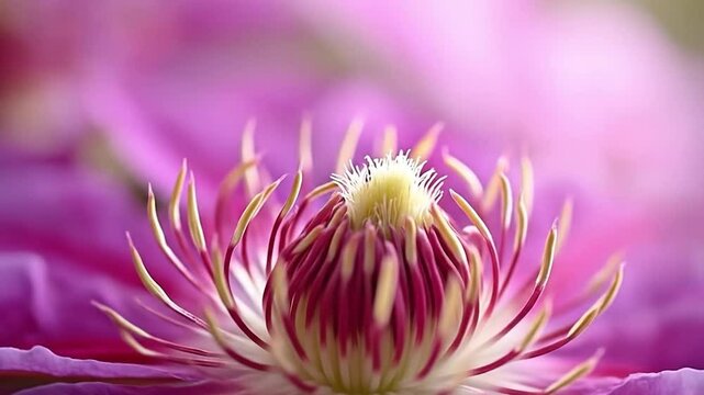 Clematis Flower Blooming: Close-up of Delicate Purple Petals and Yellow Stamens Unfolding