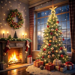 Cozy Indoor Christmas Scene with Decorated Tree, Wrapped Gifts, Fireplace, and Snowfall Through Frosty Window