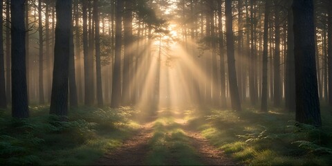 Obraz premium Sunbeams Illuminating Misty Forest Path A Serene Nature Escape