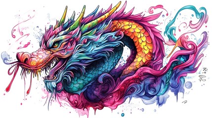 Vibrant Mythical Dragon with Abstract Colorful Patterns and Flowing Smoke