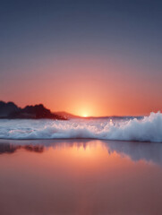 Obraz premium Serene ocean sunset with gentle waves reflecting on the wet sand. A peaceful, calming scene conveying tranquility, ideal for travel, nature, or relaxation themes.