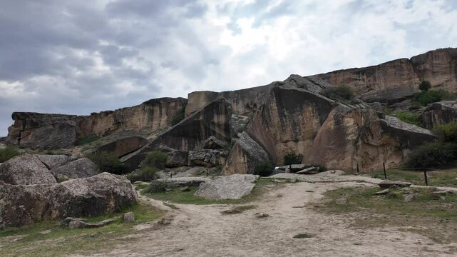 A view from Qobustan National Park in Qobustan, Azerbaijan. Rock paintings dating back thousands of years are found here.