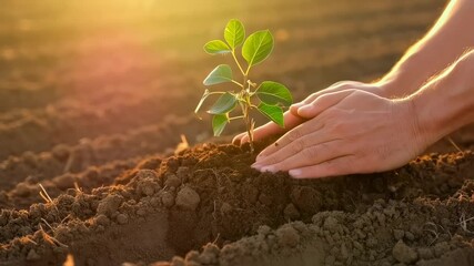Hands planting a small seedling into soil and gently pressing the earth around it.  
