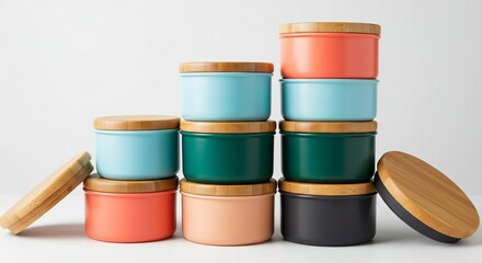 Stack of Reusable Lunch Tins with Wooden Lids in Various Colors