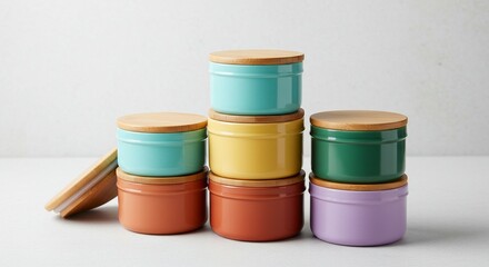 Stack of Reusable Lunch Tins with Wooden Lids in Various Colors