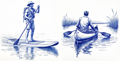 Naklejka premium Vintage sketch in blue ink, collage on white background depicting canoeing trip and paddleboarding travel 
