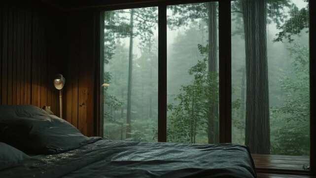 A bedroom with a large window overlooking a forest. The room is dimly lit, creating a cozy and peaceful atmosphere