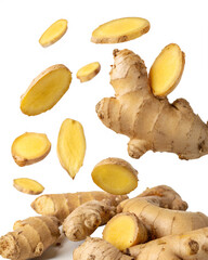 Fresh Ginger Root and Ginger Slices Floating in Milk on White Background

