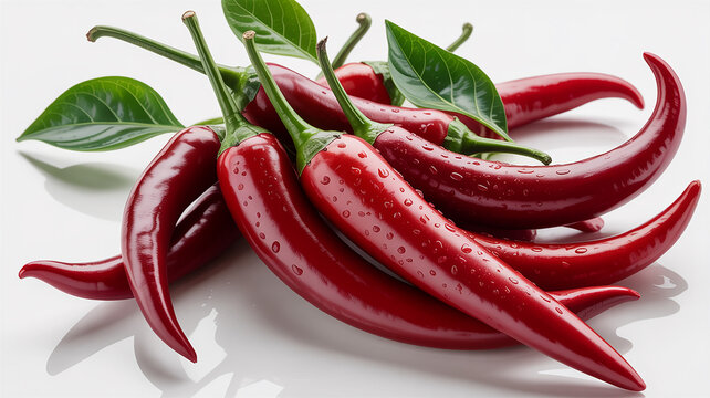 Fresh red chili peppers with water droplets and green leaves on a white surface