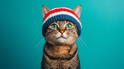 Adorable Feline in Cozy Winter Accessories Gazes Curiously at