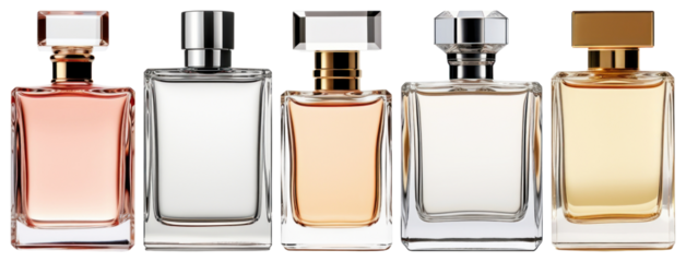 PNG Elegant glass perfume bottles displayed, element set on transparent background