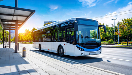 Fototapeta premium Mid-sized electric city bus stopping to pick up passengers