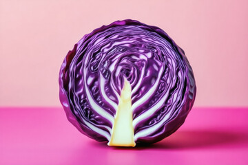 A halved purple cabbage sits on a pink surface, showcasing its layered texture and vibrant color.