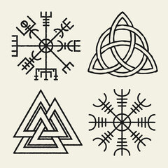 Black and white flat vector set of 4 ancient Norse symbols: Aegishjalmur, Vegvisir, Triquetra, and Valknut. Sacred Viking icons for mythology, spirituality, or tattoo design.