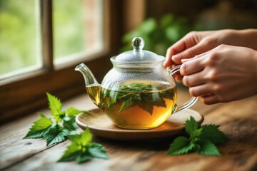 A persons hand gently holds a glass teapot filled with herbal tea and fresh mint leaves, resting on a wooden saucer near a window.