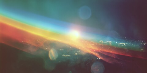 Abstract colorful sky with a bright light shining over a city at night with lens flare effects