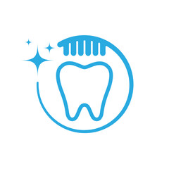 Bright blue logo represents dental hygiene, displaying a stylized tooth with sparkling effects and a comb above. It symbolizes cleanliness and oral care focus in a modern design