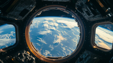 Panoramic Earth View from International Space Station Window with Blue Planet