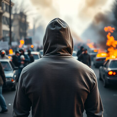 Back view of aggressive man in hood against backdrop of protests and burning cars