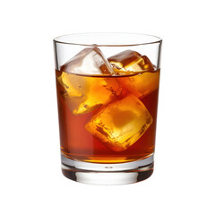 Clear glass tumbler filled with dark brown soda beverage containing large ice cubes, close-up on transparent drink with condensation and refraction