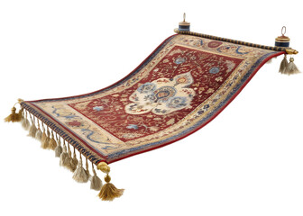 Highly Detailed and Ornate Flying Carpet Floating in Mid-Air Isolated on White Background

