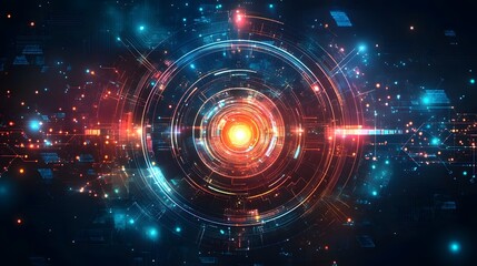 Obraz premium Glowing Futuristic Digital Orb Surrounded by Cosmic Fractal Patterns and Neon Lights