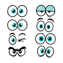 Set of expressive cartoon eyes. Funny comic character face elements with different emotions like happy, angry, and sleepy. Vector illustration