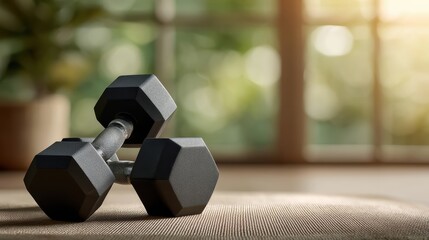 Matte black hexagonal dumbbells on surface